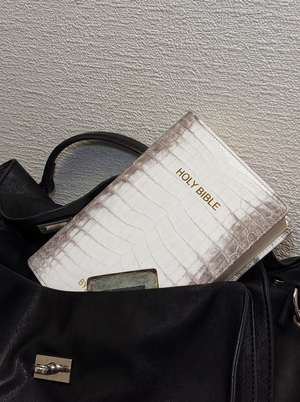 White Everyday Bible Cover inside an everyday carry bag